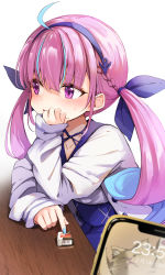 Rule 34 | 1girl, anchor hair ornament, anchor symbol, blue nails, blurry, blush, bow, candy, cat, cellphone, colored inner hair, depth of field, fingernails, food, hair bow, hair ornament, hairband, head rest, highres, hololive, komugi (minato aqua), looking to the side, minato aqua, minato aqua (sailor), multicolored hair, nail polish, phone, pink hair, pushing, smartphone, solo focus, streaked hair, summer tail720, sweatdrop, table, tsundere, twintails, virtual youtuber, white background