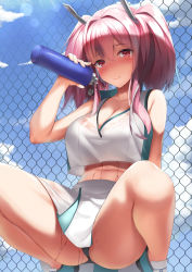Rule 34 | 1girl, azur lane, bare shoulders, bow, breasts, bremerton (azur lane), bremerton (scorching-hot training) (azur lane), chain-link fence, commentary request, crop top, crop top overhang, day, fence, grey hair, hair between eyes, hair bow, hair ornament, hairclip, heart, heart necklace, highres, jewelry, large breasts, long hair, multicolored hair, necklace, outdoors, pink hair, pouring, pouring onto self, shirt, sleeveless, sleeveless shirt, sportswear, squatting, streaked hair, tatsumiya kagari, tennis, tennis uniform, twintails, two-tone hair, two-tone shirt, two-tone skirt, x hair ornament