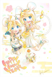 Rule 34 | 1boy, 1girl, 2020, animal ears, black collar, black shorts, blonde hair, blue eyes, blush, bow, brother and sister, chibi, collar, commentary, cupping hand, dress, egasumi, floral background, food, fruit, hair bow, hair ornament, hairclip, happy new year, headphones, highres, kagami mochi, kagamine len, kagamine rin, kei (keigarou), leg warmers, legs up, light blush, looking at viewer, mandarin orange, mochi, mouse ears, mouse tail, neckerchief, necktie, new year, open mouth, sailor collar, school uniform, shide, shirt, shoes, short hair, short ponytail, short sleeves, shorts, siblings, signature, sleeveless, sleeveless dress, smile, smiley face, spiked hair, swept bangs, tail, twins, v, vocaloid, white bow, white dress, white footwear, white shirt, yellow neckerchief