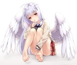 Rule 34 | 1girl, absurdres, ahoge, angel wings, bare legs, barefoot, convenient leg, cross hair ornament, feet, finger to mouth, gabriel dropout, hair ornament, highres, legs up, long hair, raphiel shiraha ainsworth, sazanka, school uniform, silver hair, simple background, sitting, solo, spread toes, toes, wings, yellow eyes