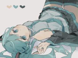 Rule 34 | 1girl, aqua eyes, aqua hair, aqua necktie, black thighhighs, closed mouth, detached sleeves, grey shirt, hatsune miku, heart, highres, legs up, limited palette, long hair, looking at viewer, lying, necktie, on back, otintin, shirt, simple background, solo, thighhighs, twintails, vocaloid, white background