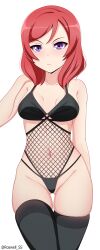 Rule 34 | 1girl, absurdres, arm behind back, bikini, black bikini, black thighhighs, breasts, closed mouth, collarbone, cowboy shot, fishnet top, fishnets, gluteal fold, groin, hand up, highres, looking at viewer, love live!, love live! school idol project, medium breasts, medium hair, navel, nishikino maki, purple eyes, red hair, roswell ss, simple background, skindentation, solo, swimsuit, thighhighs, thighs, white background