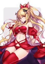 Rule 34 | 1girl, bare shoulders, bikini, blonde hair, bow, breasts, detached sleeves, granblue fantasy, hair between eyes, hair bow, hand up, hong (white spider), large breasts, long hair, long sleeves, looking at viewer, navel, red bikini, red bow, red eyes, red thighhighs, smile, solo, swimsuit, thighhighs, very long hair, vira (granblue fantasy), waist cape