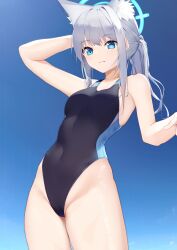 Rule 34 | 1girl, absurdres, animal ear fluff, animal ears, black one-piece swimsuit, blue archive, blue background, blue eyes, breasts, competition swimsuit, covered navel, cross hair ornament, extra ears, gradient background, grey hair, hair ornament, halo, highleg, highleg swimsuit, highres, kotoha (kotoha65), leaning back, low ponytail, medium breasts, medium hair, mismatched pupils, multicolored clothes, multicolored swimsuit, official alternate costume, one-piece swimsuit, shiroko (blue archive), shiroko (swimsuit) (blue archive), solo, swimsuit, wolf ears