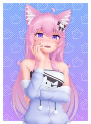 Rule 34 | 1girl, :d, absurdres, ahoge, animal ear fluff, animal ears, bare shoulders, blush, cat ears, collarbone, commentary, detached sleeves, fang, hair between eyes, hair ornament, hand on own cheek, hand on own face, highres, huge filesize, long hair, looking at viewer, nyatasha nyanners, nyatasha nyanners (1st costume), open mouth, pink hair, purple eyes, simple background, smile, solo, upper body, virtual youtuber, vshojo, wlper