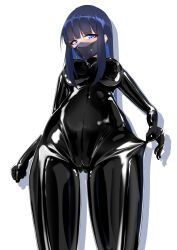 Rule 34 | 1girl, absurdres, black bodysuit, blue archive, blue eyes, blue hair, bodysuit, bodysuit pull, breasts, commentary request, covered navel, dark blue hair, highres, hiuyec, impossible clothes, latex, latex bodysuit, long hair, looking at viewer, mask, medium breasts, saori (blue archive), shiny clothes, skin tight, solo, white background