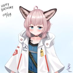 Rule 34 | 1girl, absurdres, ahoge, animal ear fluff, animal ears, arknights, black choker, blue background, blue eyes, blue shirt, blush, brown hair, choker, closed mouth, collarbone, commentary, dated, gloves, gradient background, happy birthday, highres, hood, hood down, hooded jacket, jacket, long sleeves, looking at viewer, material growth, open clothes, open jacket, oripathy lesion (arknights), rylaera, shirt, signature, smile, solo, sussurro (arknights), upper body, white background, white gloves, white jacket, wide sleeves
