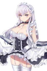 Rule 34 | 1girl, apron, arm guards, azur lane, bare shoulders, belfast (azur lane), black dress, blue eyes, blush, braid, breasts, chain, cleavage, closed mouth, clothes lift, collar, collarbone, corset, covered navel, cowboy shot, dress, dress lift, elbow gloves, frilled gloves, frilled skirt, frills, garter straps, gloves, large breasts, lifted by self, long hair, looking at viewer, maanu, maid, maid apron, maid headdress, panties, silver hair, simple background, skirt, skirt lift, sleeveless, sleeveless dress, smile, solo, thighhighs, thighs, underbust, underwear, upskirt, very long hair, waist apron, white apron, white background, white panties, white thighhighs