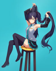 Rule 34 | 1girl, absurdres, alaskastomatoez, alternate costume, aqua background, armpits, arms up, black footwear, black hair, black skirt, black sleeves, boots, closed mouth, collared shirt, commentary, cosplay, detached sleeves, english commentary, genshin impact, green eyes, hatsune miku, hatsune miku (cosplay), highres, holding, holding hair, layered skirt, long hair, miniskirt, mona (genshin impact), necktie, pleated skirt, shirt, sitting, skirt, sleeveless, sleeveless shirt, solo, stool, swept bangs, thigh boots, thighhighs, twintails, v-shaped eyebrows, vocaloid, white shirt, zettai ryouiki