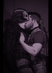 Rule 34 | 2boys, bara, beard stubble, blush, breath, call of duty, call of duty: modern warfare 2, captoraart, couple, denim, facial hair, feet out of frame, ghost (modern warfare 2), hand on another&#039;s chest, highres, imminent kiss, in locker, jeans, male focus, mask, mask pull, mature male, monochrome, multiple boys, mustache stubble, pants, pectorals, pink theme, playing with another&#039;s hair, short hair, sideburns, skull mask, soap (modern warfare 2), stubble, yaoi