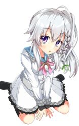 Rule 34 | 1girl, 9-nine-, :o, ahoge, between legs, black socks, blue collar, blush, braid, breasts, collar, commentary, double-parted bangs, eyelashes, eyes visible through hair, frilled skirt, frills, from above, full body, green ribbon, grey hair, hair between eyes, hair ribbon, hand between legs, highres, jacket, large breasts, long hair, looking at viewer, niimi sora, no shoes, open mouth, own hands together, pink ribbon, purple eyes, ribbon, school uniform, side ponytail, sidelocks, simple background, single braid, sitting, skirt, socks, solo, upturned eyes, v arms, wariza, wavy hair, white background, white jacket, white skirt, wistar1as