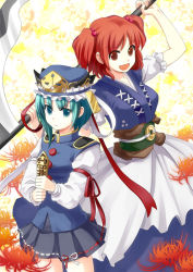 Rule 34 | 2girls, bad id, bad pixiv id, female focus, green eyes, green hair, hair bobbles, hair ornament, hat, japanese clothes, multiple girls, onozuka komachi, red eyes, red hair, rod of remorse, scythe, shiki eiki, side ponytail, sigina, touhou, twintails, two side up