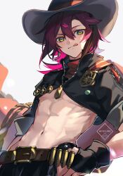 Rule 34 | 1boy, :q, alternate costume, belt, black pants, black shirt, boothill (honkai: star rail), boothill (honkai: star rail) (cosplay), bullet, cosplay, cowboy, cowboy hat, crop top, genshin impact, green eyes, hair between eyes, hat, highres, honkai: star rail, honkai (series), long hair, long sleeves, looking at viewer, lyrie luna, male focus, midriff, mole, mole under eye, multicolored hair, navel, pants, red hair, shikanoin heizou, shirt, smile, solo, stomach, streaked hair, tongue, tongue out, western