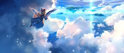 Rule 34 | 1girl, blonde hair, blue sky, cloud, dress, eho (icbm), feathered wings, floating island, flying, hat, lily white, long hair, sky, solo, touhou, wings
