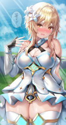 Rule 34 | 1girl, absurdres, bare shoulders, blonde hair, blue sky, blush, breasts, cleavage, detached sleeves, dress, feather hair ornament, feathers, flower, genshin impact, hair flower, hair ornament, highres, large breasts, looking at viewer, lumine (genshin impact), medium hair, nano (syoutamho), open mouth, scarf, sidelocks, sky, solo, thighhighs, thighs, thought bubble, translation request, white dress, white scarf, yellow eyes