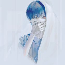 Rule 34 | 1boy, black eyes, black hair, collared shirt, covering own mouth, heterochromia, highres, kaneki ken, kyuuba melo, looking at viewer, male focus, red eyes, shirt, short hair, simple background, solo, tokyo ghoul, upper body, white background
