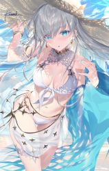 Rule 34 | 1girl, anastasia (fate), beach, bikini, blue sky, blush, breasts, day, fate/grand order, fate (series), hat, kousaki rui, long hair, looking at viewer, medium breasts, navel, open mouth, outdoors, sarong, signature, silver hair, sky, straw hat, swimsuit, thighs, very long hair, white bikini