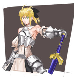 Rule 34 | 00s, 1girl, armor, armored dress, armpits, artoria pendragon (fate), blonde hair, capcom, dress, fate/stay night, fate/unlimited codes, fate (series), green eyes, makacoon, saber (fate), saber lily, solo, sword, weapon