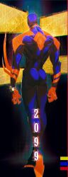 Rule 34 | 1boy, absurdres, arm blade, ass, blue bodysuit, bodysuit, broad shoulders, full body, glowing bodysuit, highres, kaifei (kaifei 29), male focus, marvel, muscular, muscular male, print bodysuit, red bodysuit, spider-man: across the spider-verse, spider-man: into the spider-verse, spider-man (2099), spider-man (series), spider-verse, standing, superhero costume, two-tone bodysuit, weapon