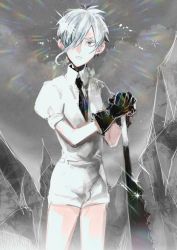 Rule 34 | 1other, absurdres, androgynous, antarcticite, blue eyes, colored eyelashes, gem uniform (houseki no kuni), gloves, glowing, glowing hair, grey background, hair over one eye, highres, houseki no kuni, long bangs, necktie, serious, short hair, solo, sparkle, sword, weapon, white hair