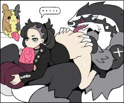 Rule 34 | 1girl, ass, ass grab, bottomless, caressing testicles, claws, creatures (company), erection, fellatio, game freak, gen 8 pokemon, gothic taco, highres, huge ass, jacket, large penis, lying, marnie (pokemon), morpeko, nintendo, obstagoon, on stomach, oral, penis, pokemon, pokemon (creature), pokemon swsh, size difference, solo focus, testicles, thought bubble, tongue, veins, veiny penis