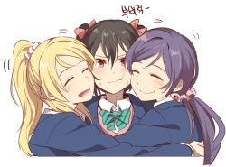 Rule 34 | 10s, 3girls, :t, ^ ^, akni, ayase eli, black hair, blazer, blonde hair, blush, bow, bowtie, cheek-to-cheek, closed eyes, closed eyes, girl sandwich, group hug, hair bow, hair ornament, hair scrunchie, heads together, hug, jacket, korean text, long hair, love live!, love live! school idol project, low twintails, multiple girls, open mouth, ponytail, purple hair, red eyes, sandwiched, school uniform, scrunchie, short hair, sketch, smile, tojo nozomi, twintails, yazawa nico
