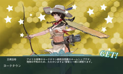 Rule 34 | 10s, 1girl, arrow (projectile), belt, blush, bow (weapon), braid, breasts, brown eyes, brown hair, cowboy hat, crop top, facial mark, fake screenshot, gun, handgun, hat, holding, holding bow (weapon), holding weapon, holster, jeanex, kantai collection, kneehighs, large breasts, midriff, navel, open mouth, original, pacific (kancolle), personification, quiver, revolver, short hair, socks, solo, stampede string, twin braids, united states, united states navy, uss yorktown (cv-5), weapon, yorktown (pacific), yorktown class aircraft carrier