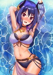 Rule 34 | 1girl, absurdres, armpits, belt, bikini, blue hair, blush, breasts, eleven (eleven szm11), embarrassed, hair ornament, highres, horns, large breasts, long hair, looking at viewer, open mouth, presenting armpit, princess connect!, reflection, reflective water, rei (princess connect!), rei (summer) (princess connect!), swimsuit, water