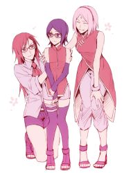 Rule 34 | 3girls, arm warmers, bandages, bare shoulders, black eyes, black hair, blouse, bracelet, breasts, closed eyes, collared shirt, dress, elbow gloves, eye contact, facial mark, flat chest, forehead mark, full body, glasses, gloves, hairband, haruno sakura, jewelry, karin (naruto), kneeling, long hair, long sleeves, looking at another, mother and daughter, multiple girls, naruto, naruto (series), naruto gaiden, neckerchief, pigeon-toed, pink hair, red-framed eyewear, red dress, red eyes, red hair, red shirt, shirt, shoes, short hair, short shorts, shorts, simple background, sketch, sleeveless, sleeveless dress, sleeveless shirt, smile, standing, thigh strap, thighhighs, toeless footwear, uchiha sarada, white background, xia (ryugo)