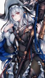 Rule 34 | 1girl, arknights, black dress, black hat, black pantyhose, black thighhighs, blue nails, breasts, circular saw, cleavage, cowboy shot, dress, grey hair, hair between eyes, hand up, hat, highres, holding, holding staff, long hair, long sleeves, looking at viewer, medium breasts, nail polish, official alternate costume, pantyhose, parted lips, red eyes, revision, saw, snm (sunimi), solo, specter (arknights), specter the unchained (arknights), staff, thighhighs, thighhighs over pantyhose, two-tone dress, white background, white dress