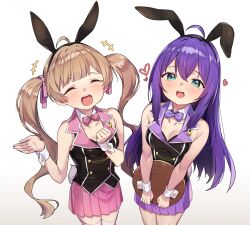 Rule 34 | 2girls, absurdres, ahoge, animal ears, bare shoulders, bow, bowtie, breasts, brown hair, bunny garden, buttons, cleavage, closed eyes, collared vest, commentary, double-breasted, fake animal ears, fishnet pantyhose, fishnets, green eyes, hakozaki serika, heart, highres, holding, holding tray, hostess, idolmaster, idolmaster million live!, long hair, looking at viewer, miniskirt, mochizuki anna, multiple girls, open mouth, pantyhose, pink skirt, pleated skirt, purple hair, purple skirt, rabbit ears, shennai misha, skirt, small breasts, smile, symbol-only commentary, thighhighs, tray, twintails, vest, white thighhighs, wrist cuffs, zettai ryouiki