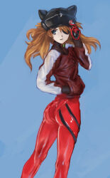 Rule 34 | 1girl, artist request, ass, blue eyes, bodysuit, breasts, brown hair, evangelion: 3.0 you can (not) redo, hand in pocket, hat, highres, jacket, long hair, looking at viewer, looking back, neon genesis evangelion, plugsuit, rebuild of evangelion, red bodysuit, shiny clothes, simple background, small breasts, solo, souryuu asuka langley, track jacket