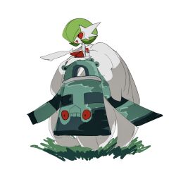 Rule 34 | 1girl, arm up, bare shoulders, bob cut, bronzong, colored skin, creatures (company), dress, elbow gloves, female focus, flat chest, floating, full body, game freak, gardevoir, gen 3 pokemon, gen 4 pokemon, gloves, grass, green hair, hair over one eye, happy, highres, long dress, mega gardevoir, mega pokemon, nintendo, one eye covered, open mouth, outstretched arm, pointing, pokemon, pokemon (creature), red eyes, short hair, simple background, sketch, smile, strapless, strapless dress, takashi (pixiv 80298118), white background, white dress, white gloves, white skin