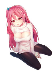 Rule 34 | 1girl, black pantyhose, blush, breasts, cleavage, cleavage cutout, clothing cutout, emily (ririko), large breasts, looking at viewer, meme attire, open-chest sweater, open mouth, original, pantyhose, pink eyes, pink hair, ririko (zhuoyandesailaer), side ponytail, simple background, solo, sweater, white background