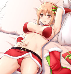 Rule 34 | 1girl, arm up, bed sheet, bell, belt, bikini, black belt, blush, bow, breasts, bridal gauntlets, christmas, christmas stocking, closed mouth, commentary, fur-trimmed skirt, fur trim, gift, gloves, green bow, hair bell, hair bow, hair ornament, hair ribbon, hat, highres, inanaki shiki, large breasts, looking at viewer, lying, microskirt, navel, on back, on bed, pillow, pink eyes, pink hair, red bikini, red gloves, red ribbon, red skirt, ribbon, santa bikini, santa gloves, santa hat, short hair, side-tie bikini bottom, sidelocks, skirt, smile, solo, string bikini, swimsuit, yahari ore no seishun lovecome wa machigatteiru., yuigahama yui&#039;s mother