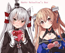 Rule 34 | 2girls, amatsukaze (kancolle), black dress, black gloves, black sailor collar, blue shirt, blush, box, breasts, brown eyes, collarbone, commentary, dress, flying sweatdrops, gift, gift box, gloves, grey hair, hair between eyes, hair tubes, happy valentine, heart-shaped box, highres, holding, holding gift, johnston (kancolle), kantai collection, light brown hair, long hair, long sleeves, looking at viewer, medium breasts, multiple girls, off-shoulder shirt, off shoulder, open mouth, sailor collar, sailor dress, shirt, simple background, single glove, takanashi kei (hitsujikan), two side up, valentine, white background, white gloves, white sailor collar
