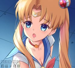 Rule 34 | 1girl, artist name, bishoujo senshi sailor moon, blonde hair, blue eyes, blue sailor collar, bow, breasts, choker, cleavage, derivative work, double bun, earrings, gloves, highres, jewelry, long hair, magical girl, meme, neho-kun, red bow, red choker, sailor collar, sailor moon, sailor moon redraw challenge (meme), sailor senshi, sailor senshi uniform, saliva, solo, tagme, twintails