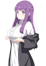 Rule 34 | 1girl, absurdres, aikawa ryou, black robe, blush, breast lift, breasts, check commentary, closed mouth, commentary request, dress, fern (sousou no frieren), highres, hood, hood down, hooded robe, large breasts, long hair, motion lines, open clothes, open robe, purple eyes, purple hair, robe, sidelocks, simple background, solo, sousou no frieren, white background, white dress