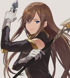 Rule 34 | 1girl, bare shoulders, blue eyes, brown hair, detached sleeves, dress, gloves, hair over one eye, high collar, highres, holding, holding knife, holding weapon, kamu (kamuuei), knife, long hair, looking at viewer, sleeveless, sleeveless dress, solo, staff, tales of (series), tales of the abyss, tear grants, weapon, white gloves