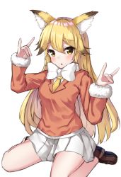Rule 34 | 10s, 1girl, :o, absurdres, animal ears, bare legs, blonde hair, blush, bow, brown footwear, brown hair, commentary request, double fox shadow puppet, ezo red fox (kemono friends), fox ears, fox shadow puppet, fur-trimmed sleeves, fur trim, highres, kemono friends, loafers, long hair, long sleeves, looking at viewer, multicolored hair, necktie, no legwear, no socks, orange shirt, parted lips, pleated skirt, shirt, shoes, simple background, sitting, skirt, solo, streaked hair, tsurime, very long hair, wariza, white background, white bow, white necktie, white skirt, yellow eyes, yellow necktie, yuuki nao (pixiv10696483)