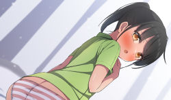 Rule 34 | 1girl, :o, black hair, blush, brown eyes, dutch angle, from behind, green shirt, hekomii, looking at viewer, looking back, open mouth, original, panties, shirt, short sleeves, solo, striped clothes, striped panties, twintails, underwear
