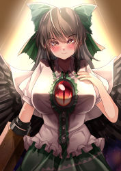 Rule 34 | 1girl, absurdres, alternate eye color, arm at side, arm cannon, backlighting, black hair, black wings, blush, breasts, cape, closed mouth, collared shirt, eyes visible through hair, feathered wings, fingernails, frilled shirt, frills, gradient background, gradient eyes, green nails, green ribbon, green skirt, hair ribbon, hand on own chest, head tilt, highres, huge breasts, light rays, long hair, looking at viewer, mahoro (minase mahoro), multicolored eyes, nail polish, puffy short sleeves, puffy sleeves, red eyes, reiuji utsuho, ribbon, shiny clothes, shiny skin, shirt, short sleeves, skirt, slit pupils, smile, solo, space, taut clothes, taut shirt, third eye, touhou, upper body, weapon, white cape, white shirt, wings, yellow eyes