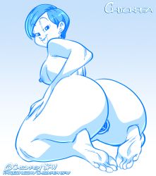 Rule 34 | 1girl, anal, anus, aqua eyes, artist name, ass, ass focus, barefoot, breasts, breasts out, bulge, bulma, butt crack, chickpea, completely nude, curvy, dragon ball, dragon ball super, earrings, full body, greyscale, highres, huge ass, indoors, jewelry, kneeling, large breasts, legs together, lips, looking at viewer, looking back, monochrome, naughty face, nipples, nude, seductive smile, simple background, smile, soles, solo, thighs, toes, tongue, tongue out, twitter username, uncensored, wide hips