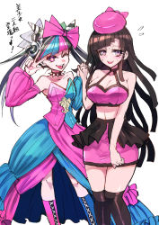 Rule 34 | asymmetrical legwear, bare shoulders, black choker, black hair, blue bow, blue dress, blue footwear, blue hair, blue sleeves, blush, boots, bow, breasts, choker, collarbone, commentary request, danganronpa (series), danganronpa 10th anniversary costume, danganronpa 2: goodbye despair, detached sleeves, dress, feet out of frame, hair bow, hair horns, hands up, highres, holding hands, large breasts, long hair, medium breasts, midriff, mioda ibuki, mismatched legwear, multicolored hair, official alternate costume, one eye closed, over-kneehighs, piercing, pink bow, pink dress, pink eyes, pink footwear, pink hair, pink headwear, pink skirt, pink sleeves, simple background, skirt, smile, spiked choker, spikes, star-shaped pupils, star (symbol), symbol-shaped pupils, thighhighs, tongue, tongue out, translation request, tsumiki mikan, tsunemi aosa, w, white background, white hair