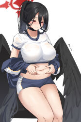 Rule 34 | 1girl, absurdres, belly grab, black choker, black hair, black wings, blue archive, blush, breasts, choker, curvy, feathered wings, halo, hasumi (blue archive), hasumi (track) (blue archive), high ponytail, highres, large breasts, large wings, long hair, midriff, mole, mole under eye, navel, official alternate costume, official alternate hairstyle, pinching, pinepin, ponytail, red eyes, shorts, sitting, solo, sportswear, stomach, thighs, very long hair, weight conscious, wings
