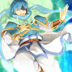 Rule 34 | 1boy, armor, belt, blue nails, blue scarf, creamyya, eyepatch, glowing, hand on own chest, headset, japanese armor, kaito (vocaloid), looking to the side, male focus, nail polish, outstretched hand, scarf, solo, vocaloid