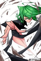 Rule 34 | 1girl, :/, curly hair, floating, flying, foreshortening, green eyes, green hair, highres, looking at viewer, loyal cloud, one-punch man, psychic, shiny skin, solo, tatsumaki, thighs, twitter username