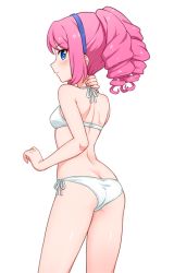 Rule 34 | 1girl, aikatsu! (series), aikatsu stars!, ass, back, bare arms, bare legs, bare shoulders, bikini, blue eyes, blue hairband, breasts, butt crack, drill hair, from side, hairband, halterneck, hand on own neck, looking at viewer, looking back, pink hair, sakuraba rola, side-tie bikini bottom, sideways glance, simple background, small breasts, solo, swimsuit, white background, white bikini, yoban