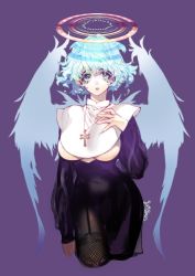 Rule 34 | 1girl, absurdres, angel, black dress, blue eyes, blue hair, breasts, cross, crying, dress, fishnet thighhighs, fishnets, garter straps, habit, halo, highres, large breasts, latin cross, long sleeves, looking at viewer, multiple halos, nun, original, pantyhose, parted lips, pigeon666, purple background, signature, simple background, solo, thighhighs, underboob, wings