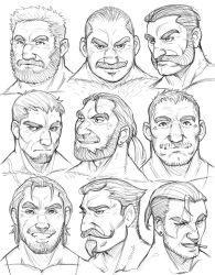 Rule 34 | 6+boys, bara, beard, chest hair, cigarette, collage, cropped shoulders, facial hair, frown, greyscale, growlygruntz, hairy, highres, how to, large pectorals, male focus, monochrome, multiple boys, muscular, muscular male, mustache, old, old man, original, pectorals, scar, scar across eye, short hair, sketch, smile, stubble, thick eyebrows, undercut, wrinkled skin